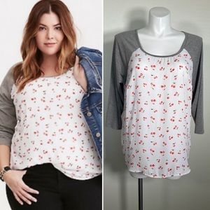 TORRID cherry print White Red Gray Raglan 3/4 Sleeve Baseball Tee size 1X